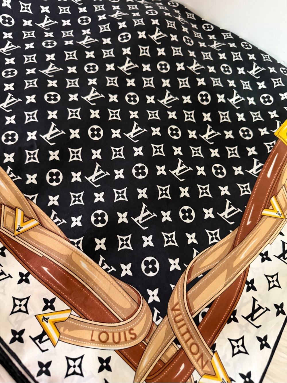 Louis Vuitton Black, White and Brown Monogram Silk Scarf with Belt Motif